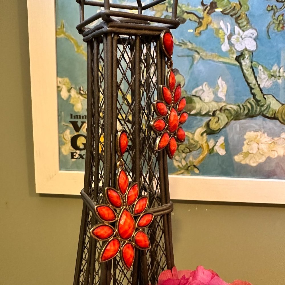 Orange Flower Pattern Dangle Drop Earring - image 3